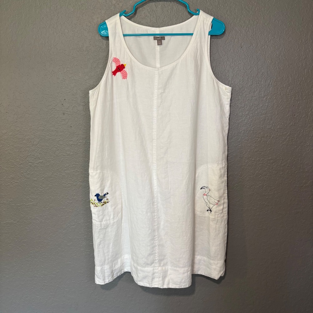 J. Jill White Linen Bird Embroidered Sleeveless Shift Dress Large Petite Pockets
